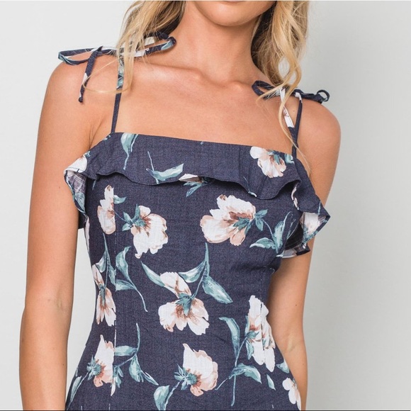 TOBY HEART GINGER Womens Size Large Navy LINEN Floral Tie Up Shoulders Dress NEW - Picture 2 of 16